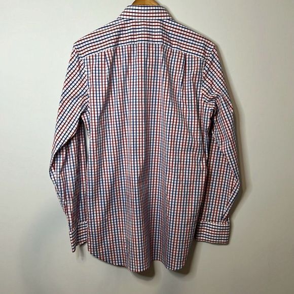 BONOBOS Men’s Slim Fit Dress Shirt 16 |35 Plaid Red Blue White Jetsetter Stretch - Picture 7 of 9